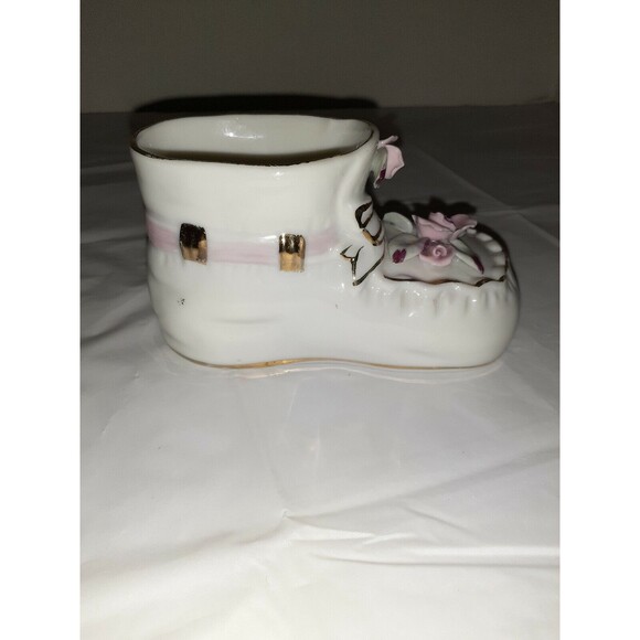 Vintage Collectible Art Deco Porcelain Baby Shoe Painted Flower and Gold Trim - Picture 4 of 8